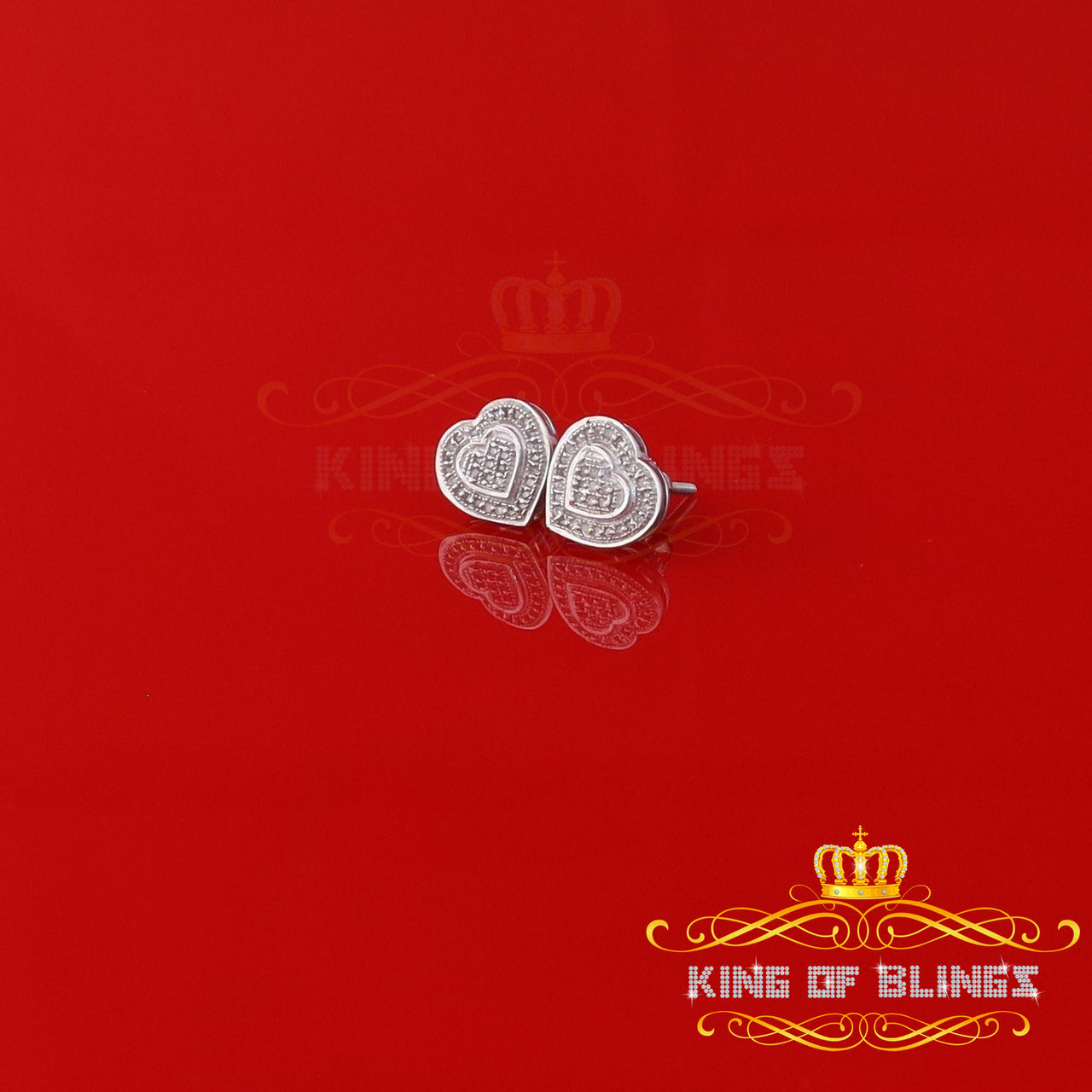 King Of Bling's 0.10ct Diamond Heart Earring White 925 Sterling Silver Stud For Men's & Women's KING OF BLINGS