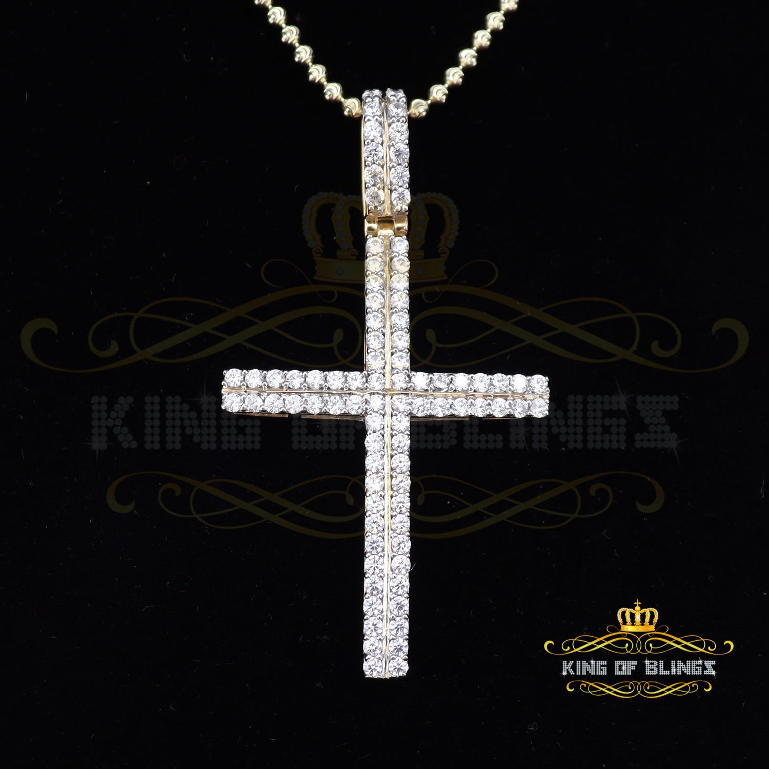 Attractive Yellow 2 Rows CROSS Sterling Sliver Pendent 4.10ct Cubic Zirconia KING OF BLINGS