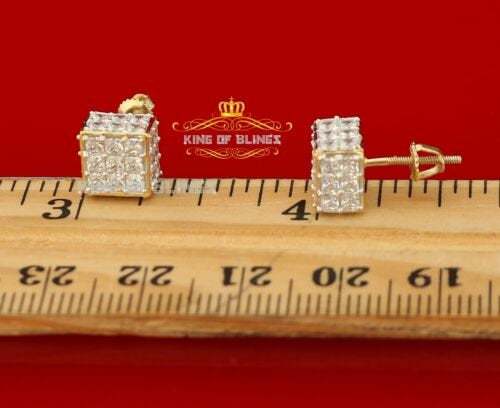 King of Bling's 925 Yellow Silver Screw Back Cubic Zirconia 5.94ct Women & Men Square Earrings KING OF BLINGS