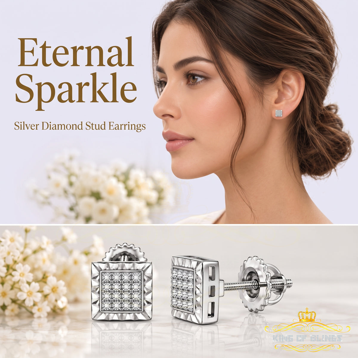 King Of Bling's 925 Sterling Silver 0.10ct Small Diamond For Women's & Men's White Stud Earring KING OF BLINGS