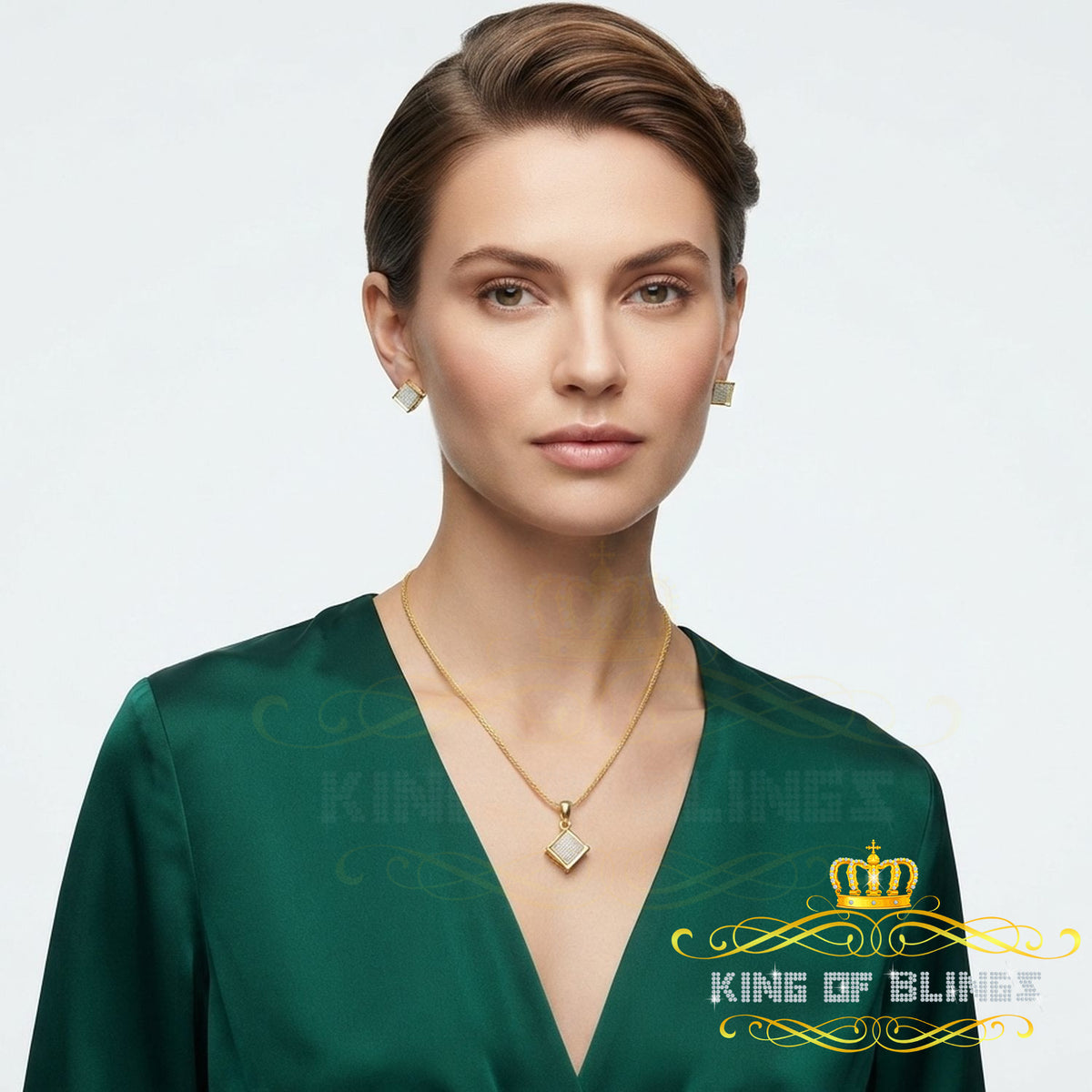 King of Bling's 925Yellow Silver 0.33CT Genuine Diamond Kite Shape Medallion Pendant&Earring Set King of Blings