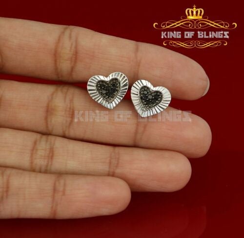 King of Blings- Aretes Para Hombre Heart 925 White Silver 0.12ct Black Diamond Ladies Earrings KING OF BLINGS