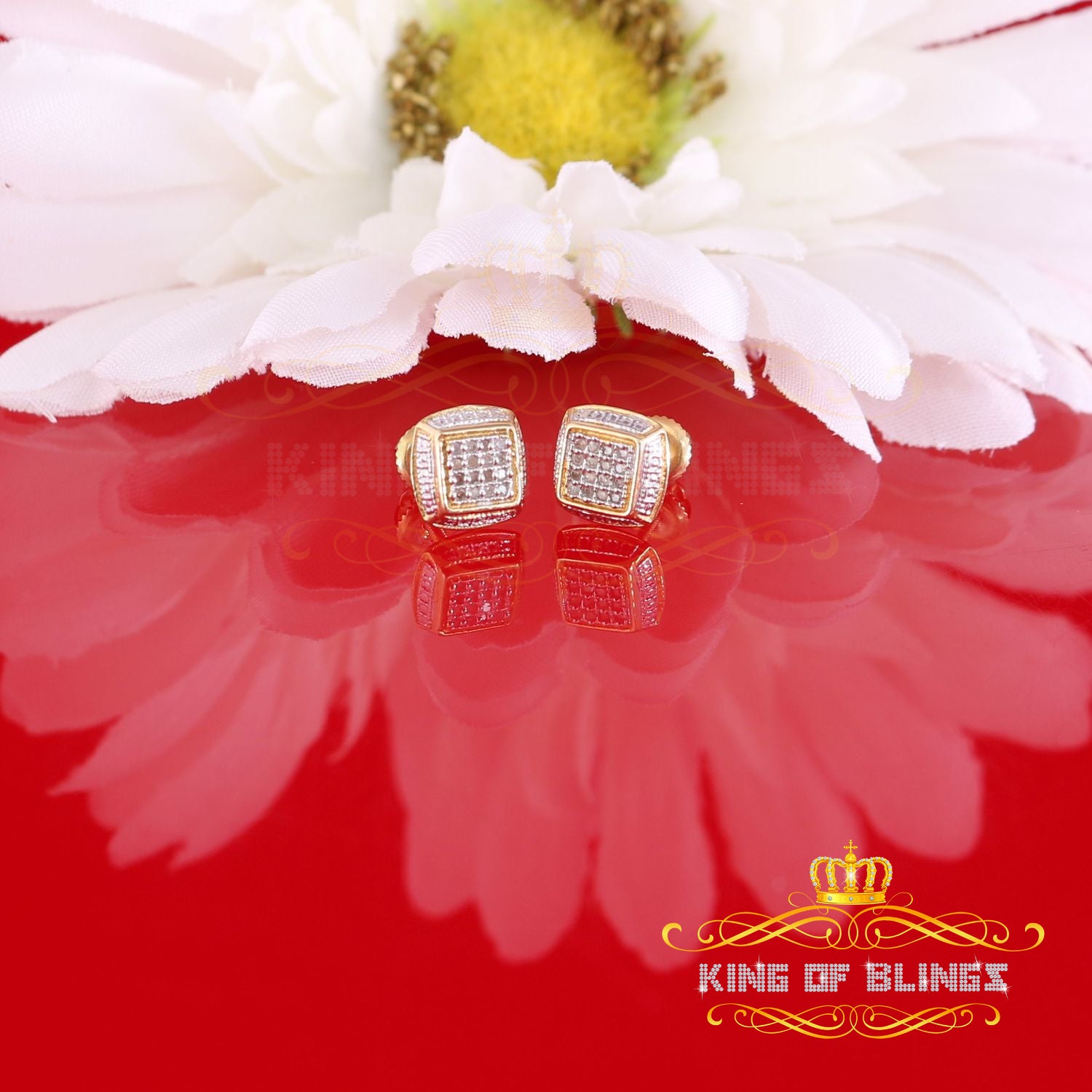King of Blings-0.10ct Diamond Stud Earrings For Women Yellow 925 Sterling Silver Stud For Men KING OF BLINGS