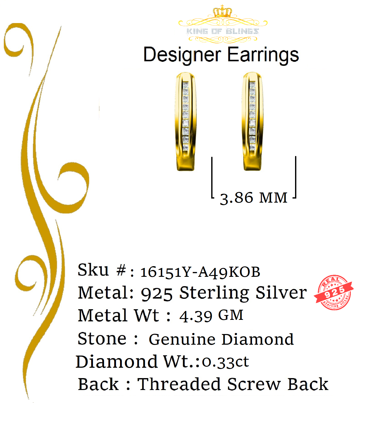 King of Blings-0.33ct Diamond 925 Sterling Silver Yellow Hoop Stud Earrings For Men's / Women's KING OF BLINGS