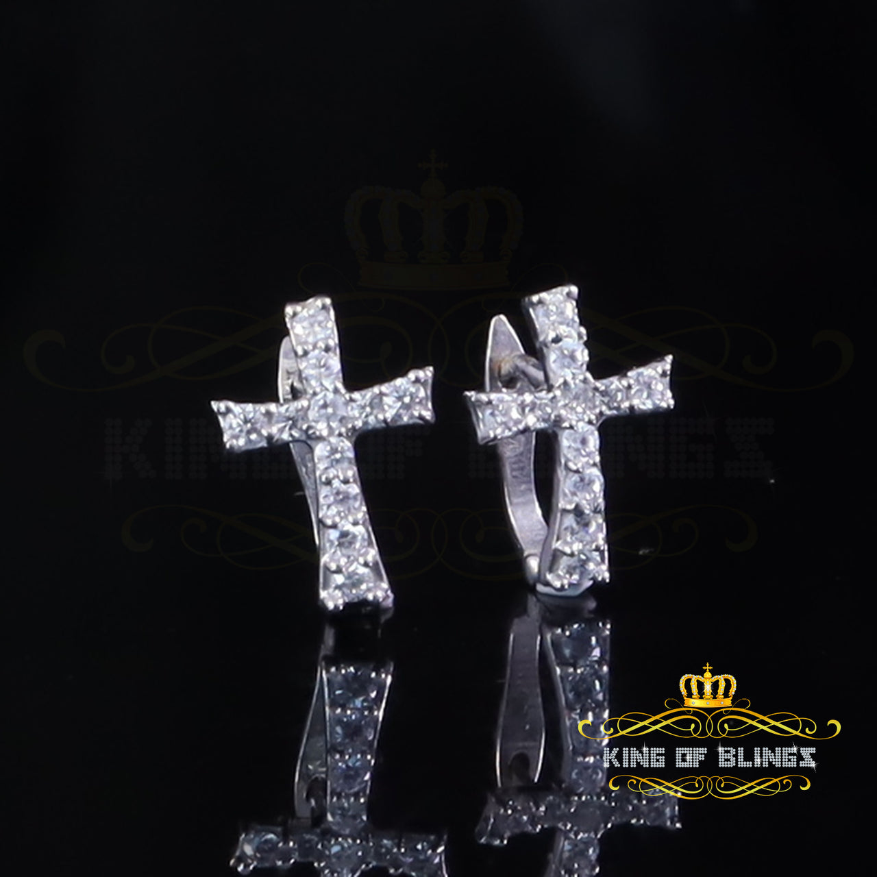 King of Bling's 925 Silver Round Shape White Hip Hop Cross Stud Earrings 22 CZ Stones Women KING OF BLINGS