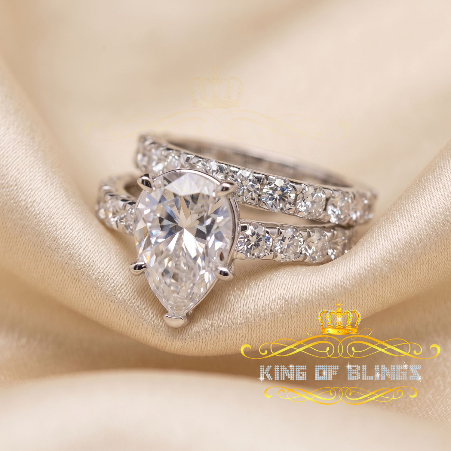 King of Bling's 7.00ct Moissanite White Sterling Silver Men/ Women Bridal Ring Pear Shape Size 8 KING OF BLINGS