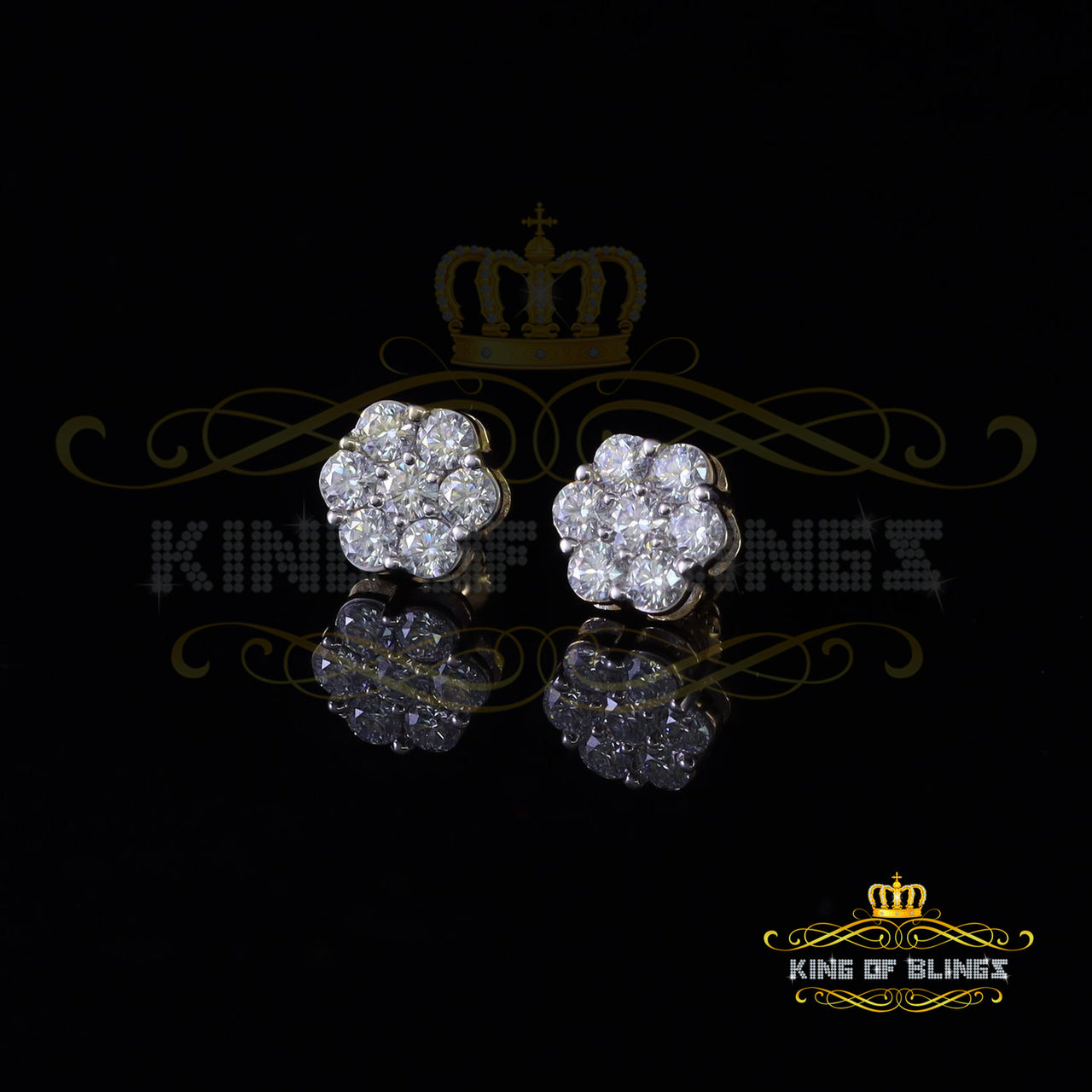 King Of Bling's Real Moissanite Vvs 'D' Color 2.0ct 10k Real Yellow Gold Stud FLORAL Earrings