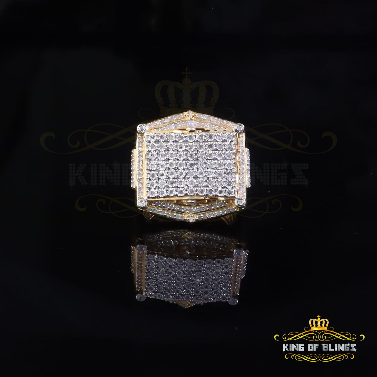 King Of Bling's 0.66ct Men's Real Diamond 925 Yellow Silver Big Mirage Set Square Rings Size 10