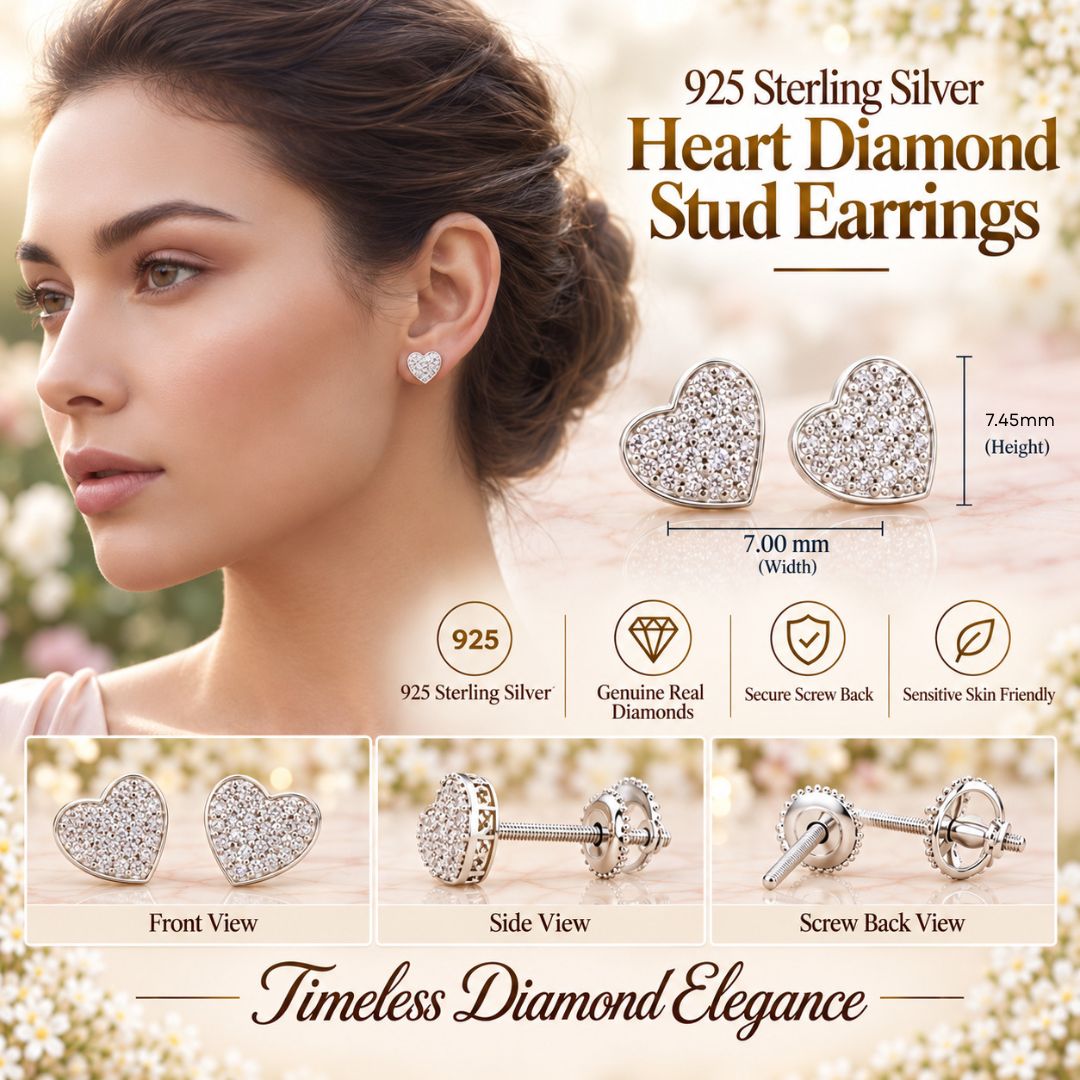 King Of Bling's 925 Sterling Silver 0.10ct Diamond Heart Earrings For Women White Stud For Men KING OF BLINGS