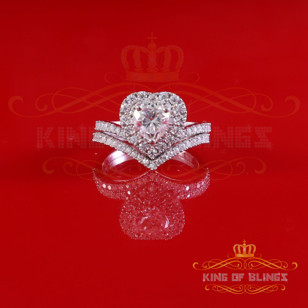 King of Bling's Heart Shape 1.66ct VVS D clr Moissanite Women Silver White Bridal Ring Size 7