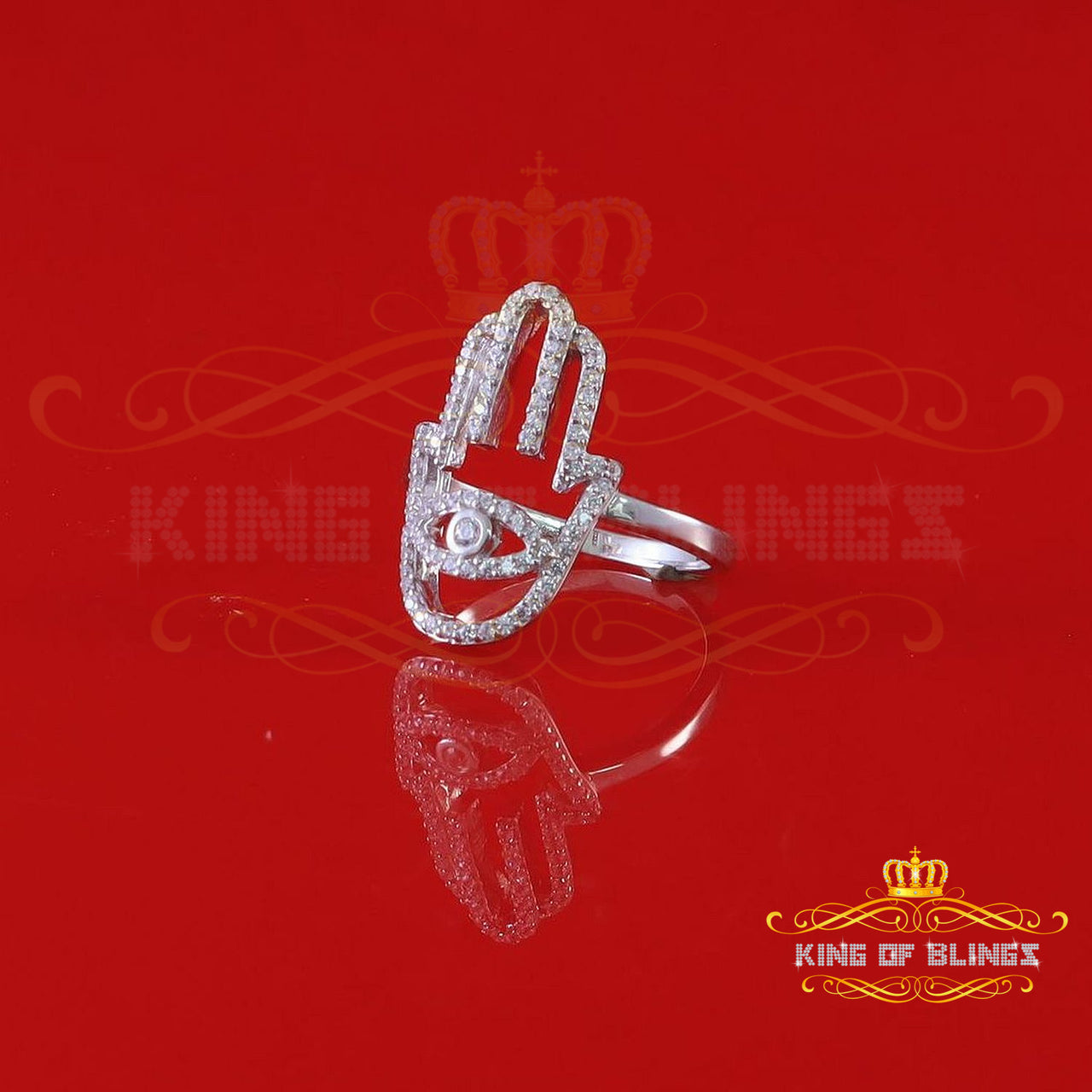 King Of Bling's1.00ct Cubic Zirconia White Silver Set Womens Hamsa Ring Size 7