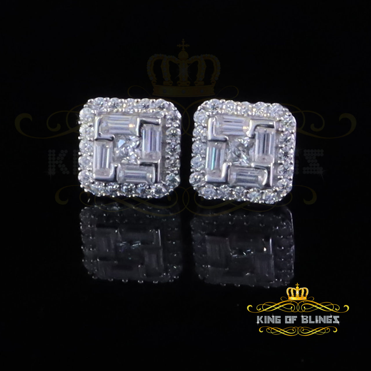 King of Bling's 1.25ct VVS 'D' Moissanite Men's/Womens 925 Silver White Square Stud Earrings KING OF BLINGS