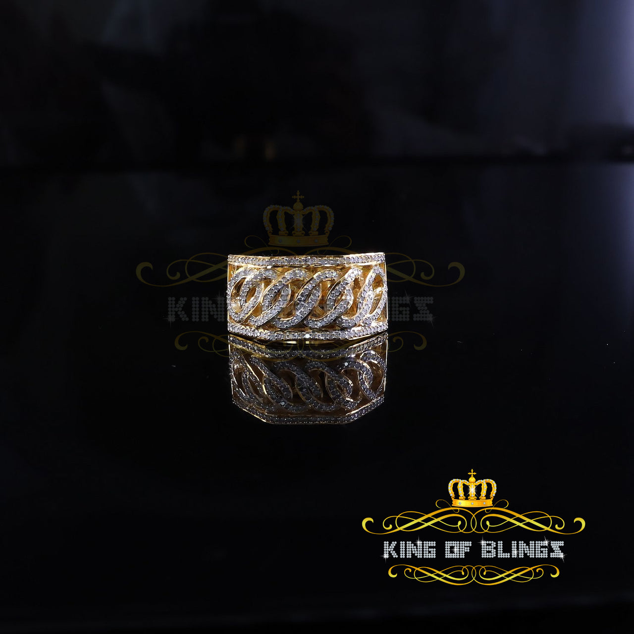 King Of Bling's Stylish Cuban Yellow Silver Micro Real Diamond 0.50 CT 925 Men's Band Ring Sz 10