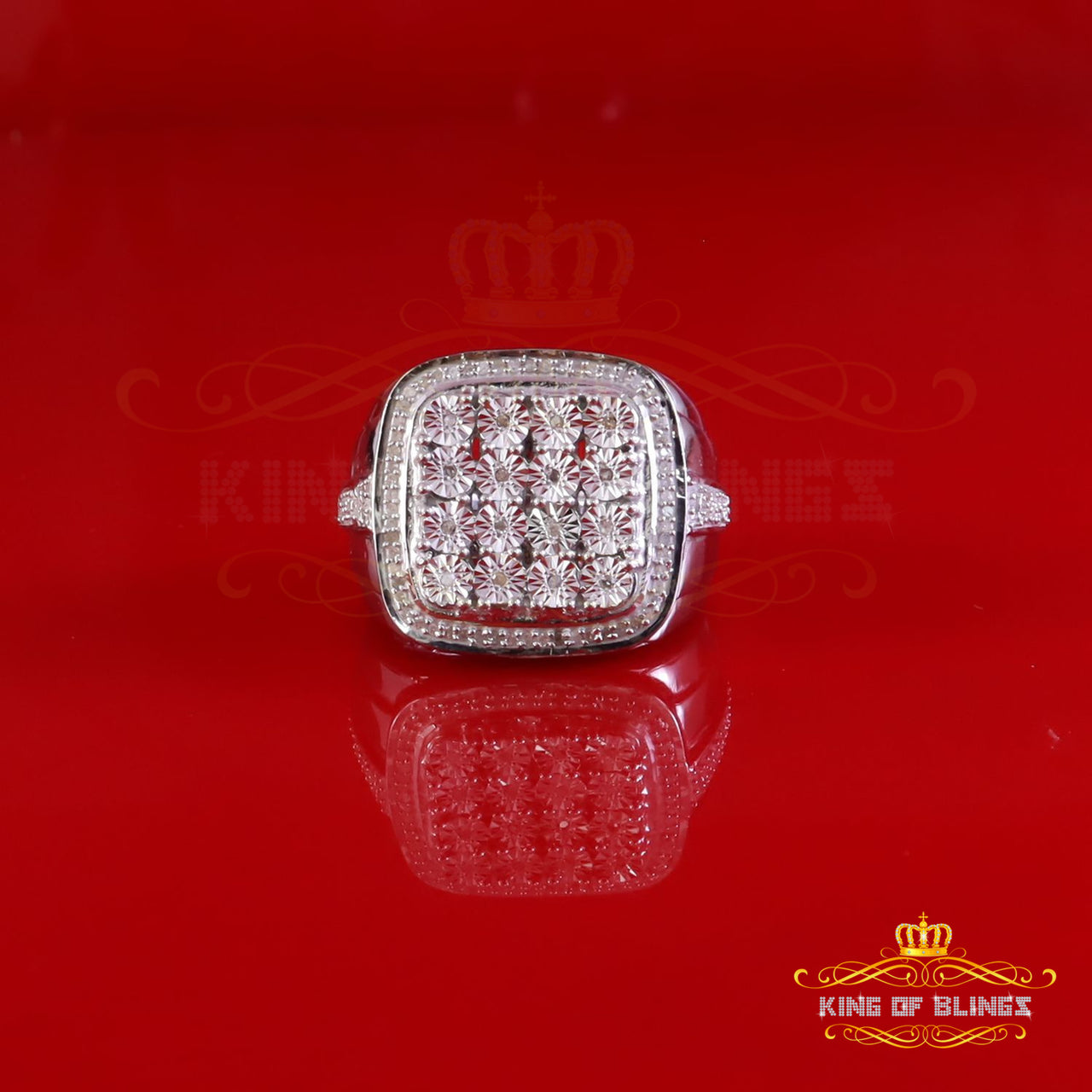 King Of Bling's Trendy Big Mirage set Real Diamond 0.50ct White Silver Square Mens Ring Size 10