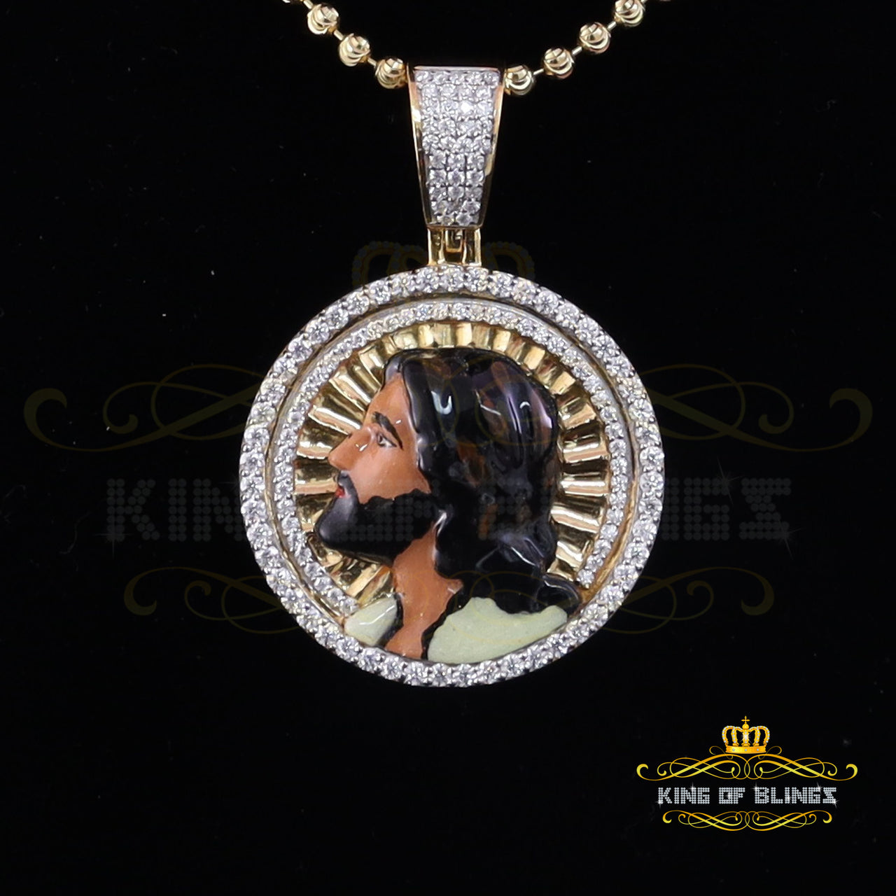 King Of Bling's 925 Sterling Silver JESUS Yellow Pendant 3.00ct Genuine Moissanite for He/She KING OF BLINGS