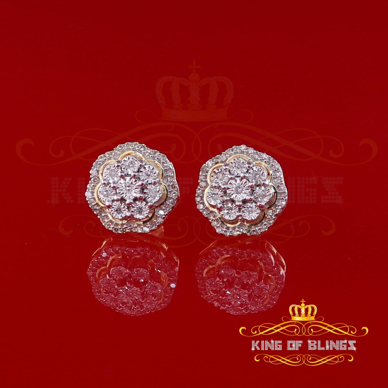 King Of Bling's 10K Real Yellow Gold Real Diamond 0.25CT Men's/Women's Floral Stud Micro Earring