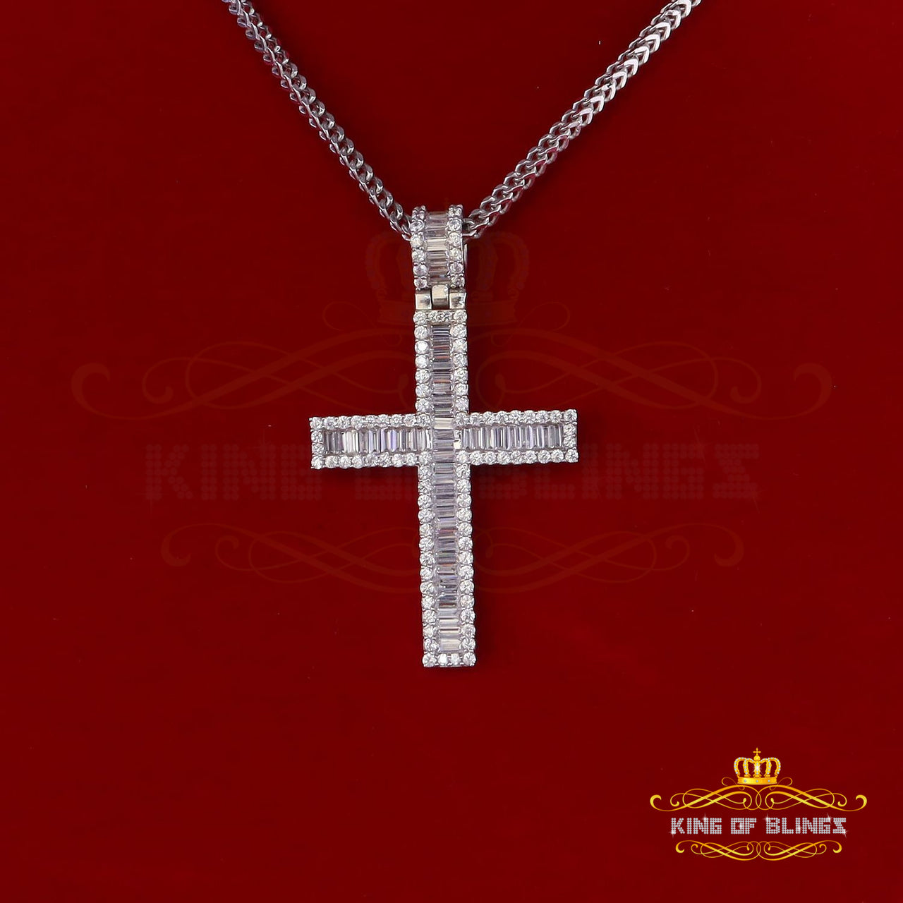 White Sterling Silver Baguette CROSS Shape Pendant with 11.84ct Cubic Zirconia
