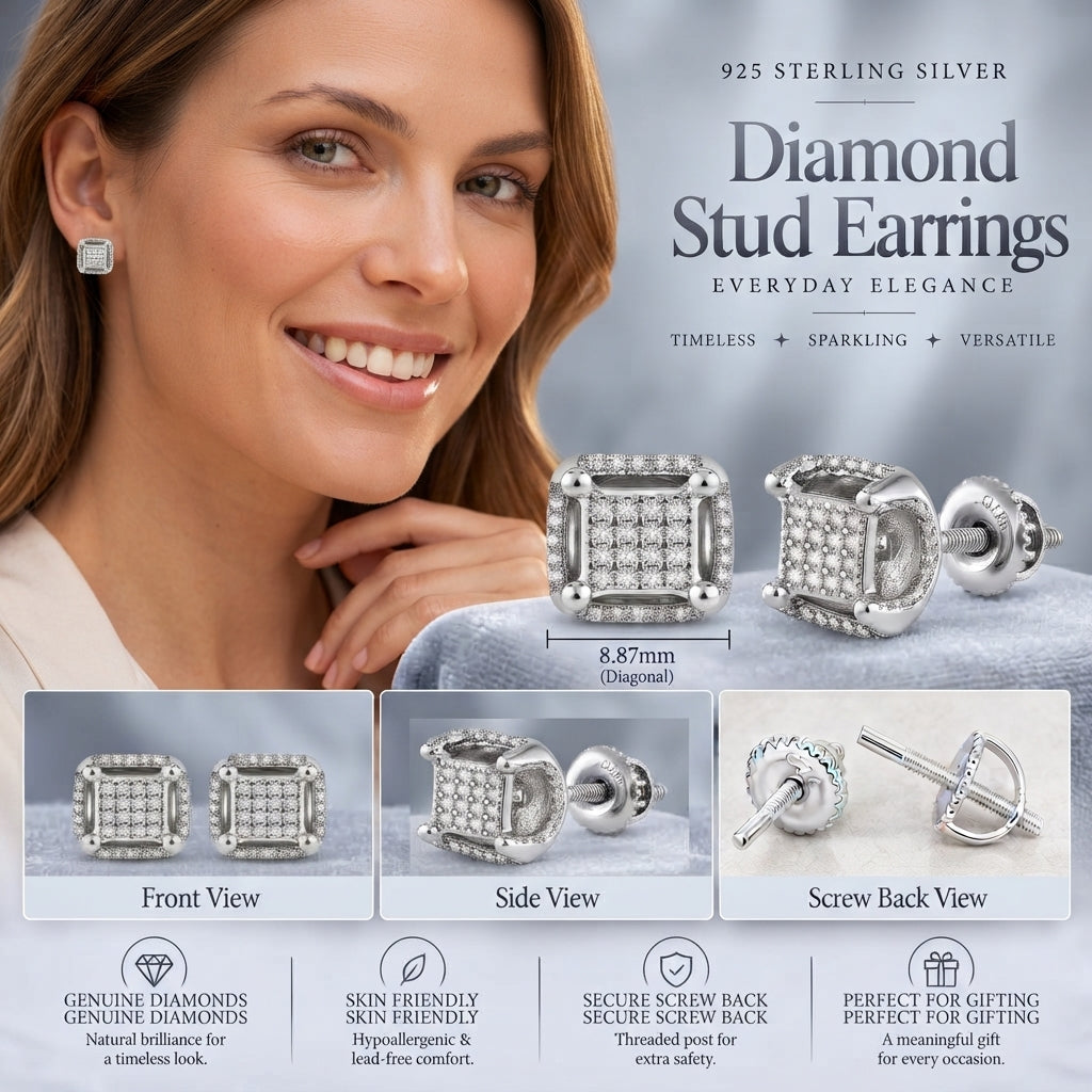 King Of Bling's 0.10 ct Real Diamond 3D Puff Cushion Square Crown White 925 Silver Stud Earrings KING OF BLINGS