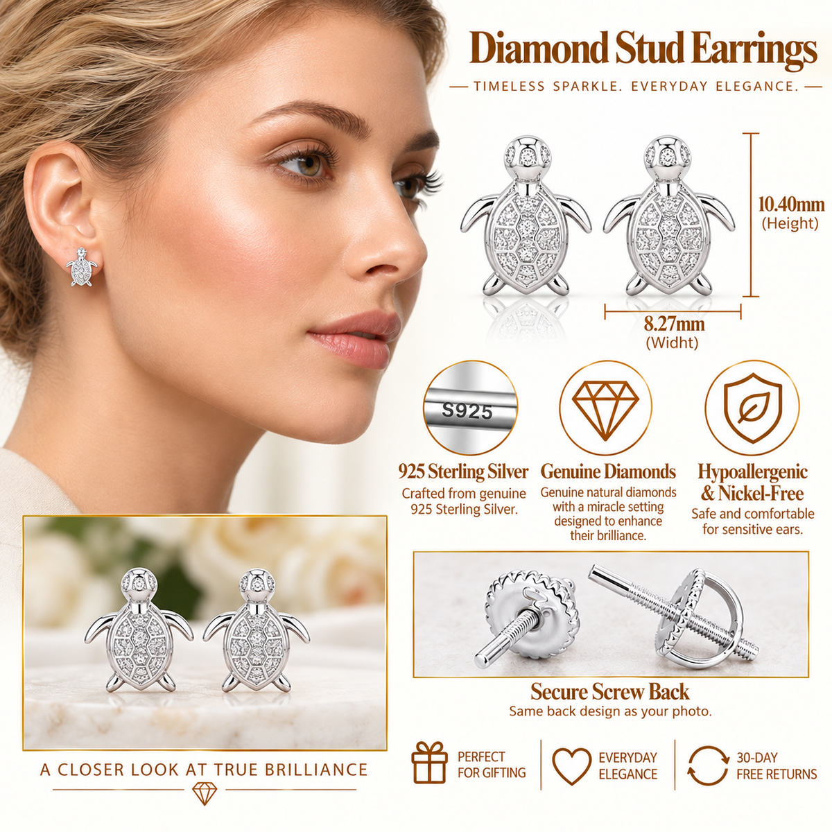 King Of Bling's 925 Sterling White Silver 0.10ct Diamond Turtle Earrings For Women's & Men's KING OF BLINGS