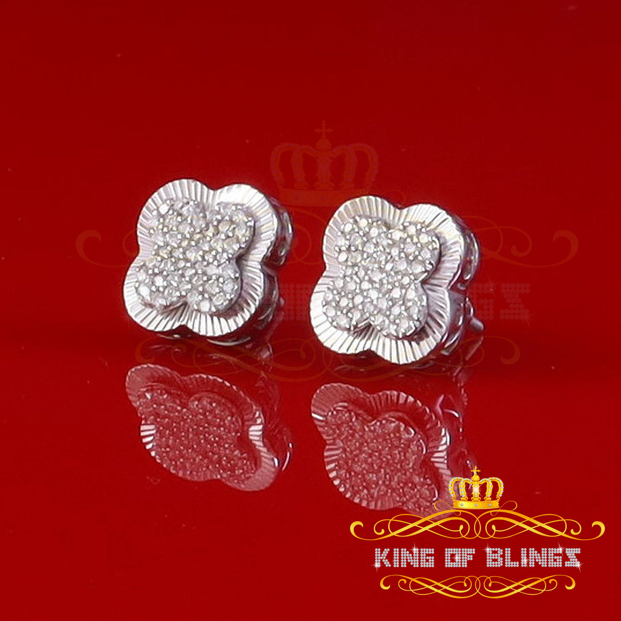 King of Bling's 1.00ct 925 Sterling Silver Moissanite Clover Stud Earrings For Men & Women