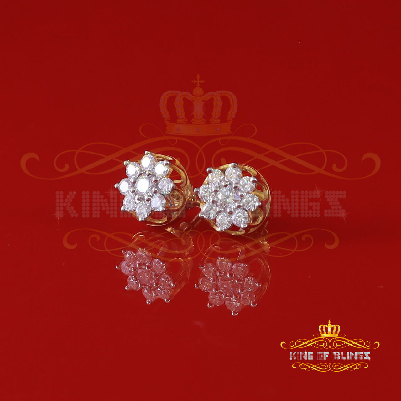 King Of Bling's FLORAL Earrings 10k Real Yellow Gold 1.00ct Vvs 'D' Color Genuine Moissanite