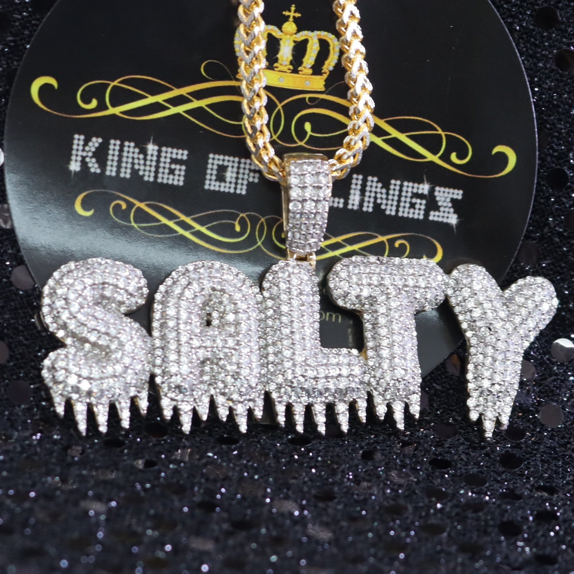 Yellow ''SALTY" DRIPPING 925 sterling Silver Pendant with16.58ct Cubic Zirconia KING OF BLINGS
