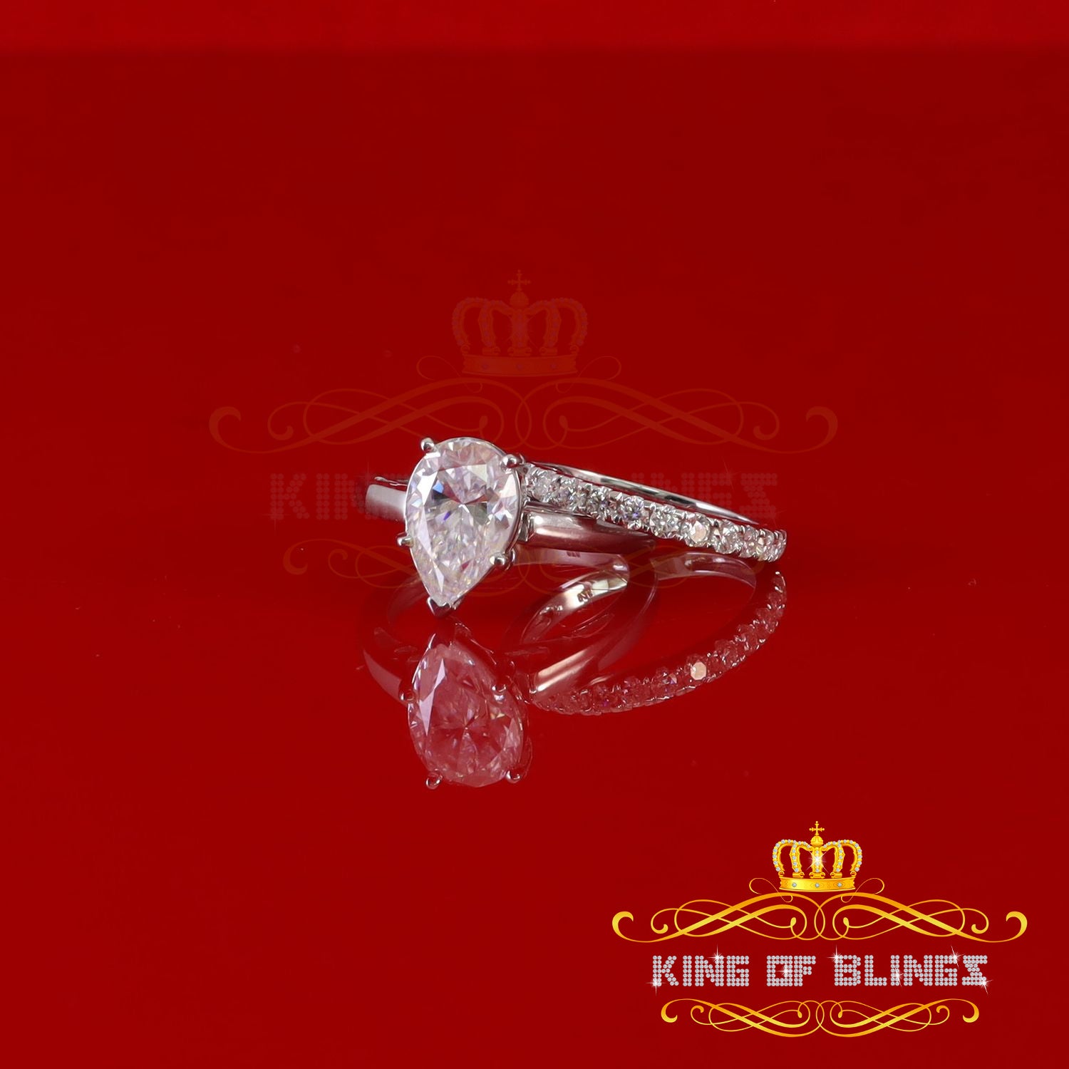 King of Bling's 5.00ct Moissanite White Sterling Silver Men/ Women Bridal Ring Pear Shape Size 8 KING OF BLINGS