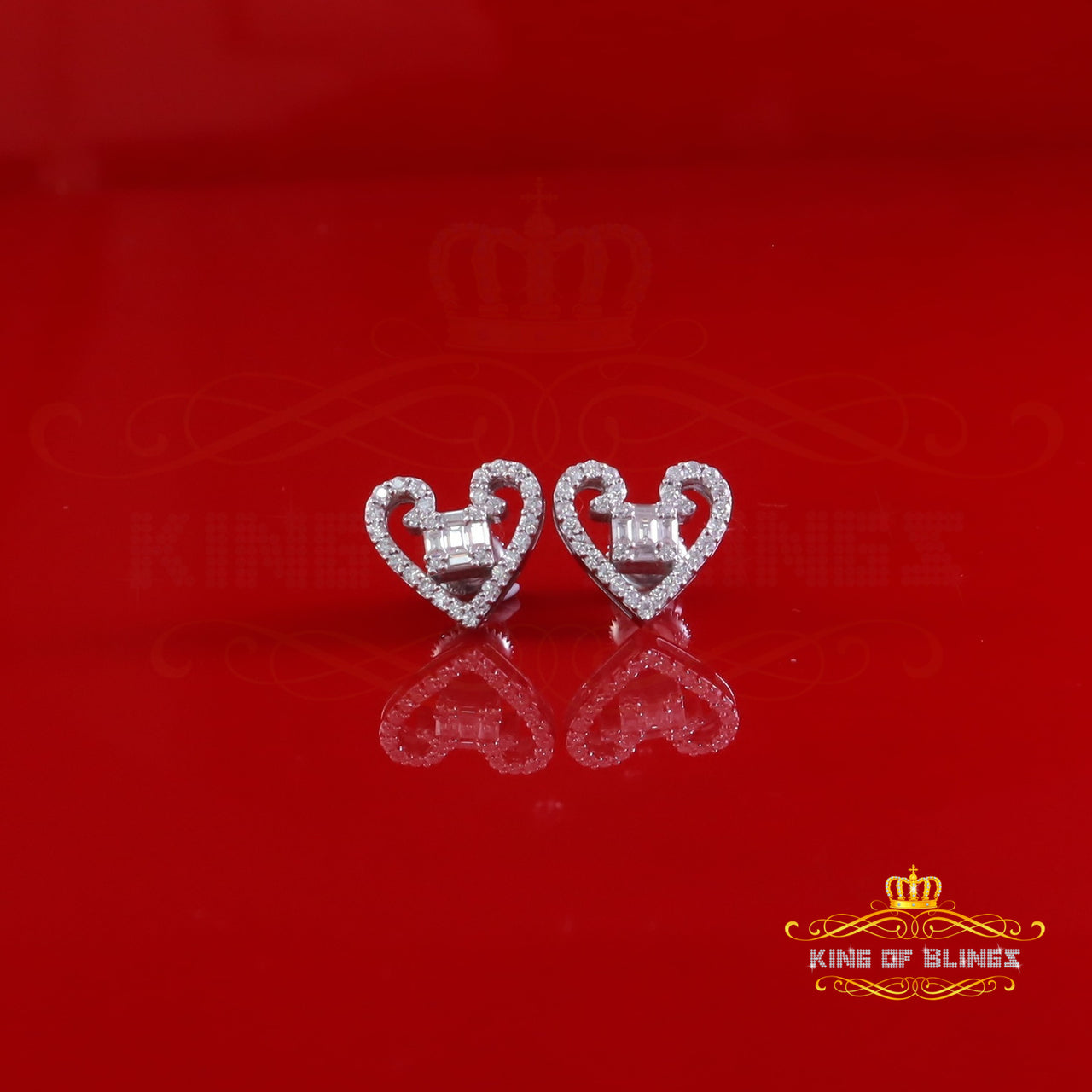 King of Bling's Men/Women Stud 925White Silver Heart Baguette Earrings 1.00ct VVS D Moissanite KING OF BLINGS