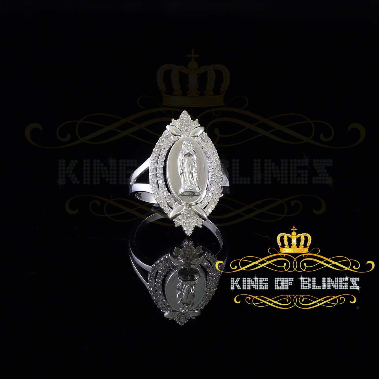 King Of Bling's925 Silver White CZ Stone Blessed Virgin Mary Miraculous Medal Women's Ring SZ