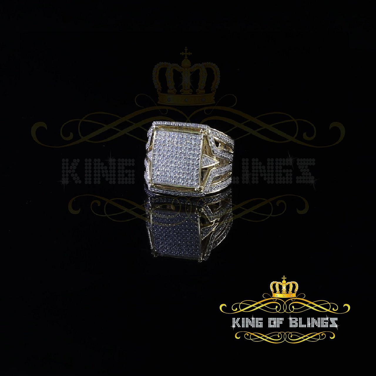 King Of Bling's 925 Yellow Silver Cubic Zirconia 3.00ct Men's Adjustable Ring From Size 9 to 11