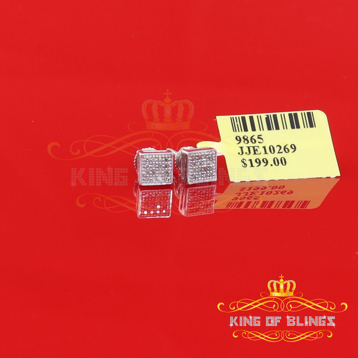 King Of Bling's 0.10ct Micro Pave 925 White Silver Diamond Square Earring For Men's & Women's KING OF BLINGS