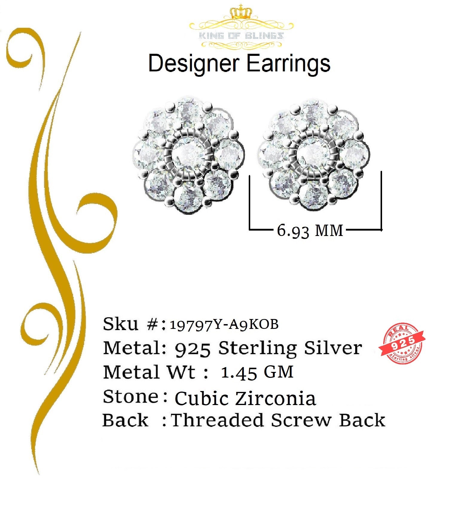 King of Bling's 925 Yellow Sterling Silver 1.18ct Cubic Zirconia Women's Hip Hop Flower Earrings KING OF BLINGS