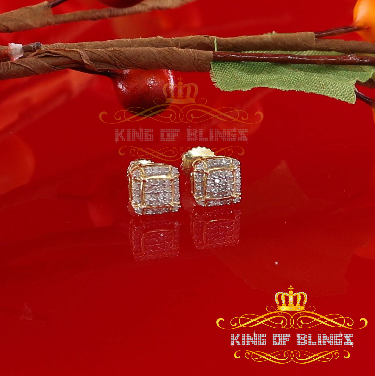 King of Blings-0.15ct Diamond 925 Sterling Silver Yellow Square Earring For Men's / Women's