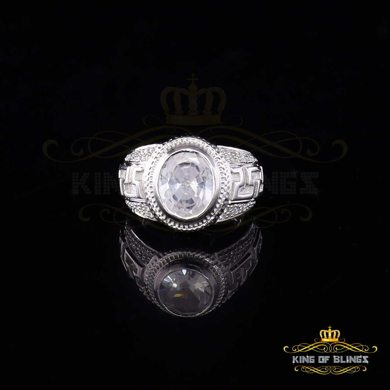 King Of Bling's8.10ct White Silver Oval Cubic Zirconia Men's Adjustable Ring From SZ 9 to 10