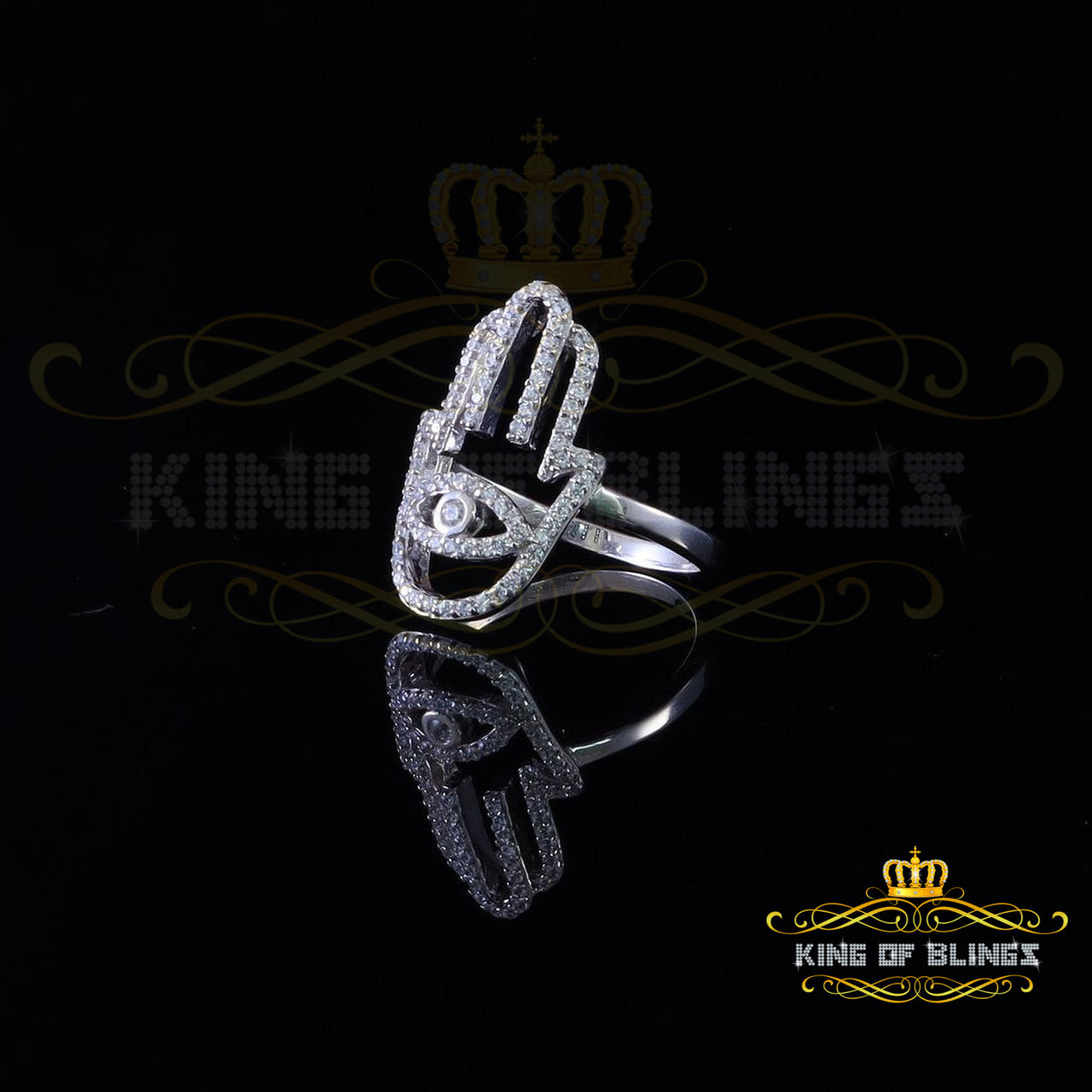King Of Bling's1.00ct Cubic Zirconia White Silver Set Womens Hamsa Ring Size 7