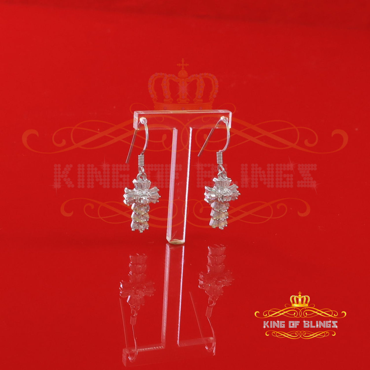 King of Bling's 1.00ct Moissanite White 925 Silver Women's Dangling Cross Fish Hook Earrings