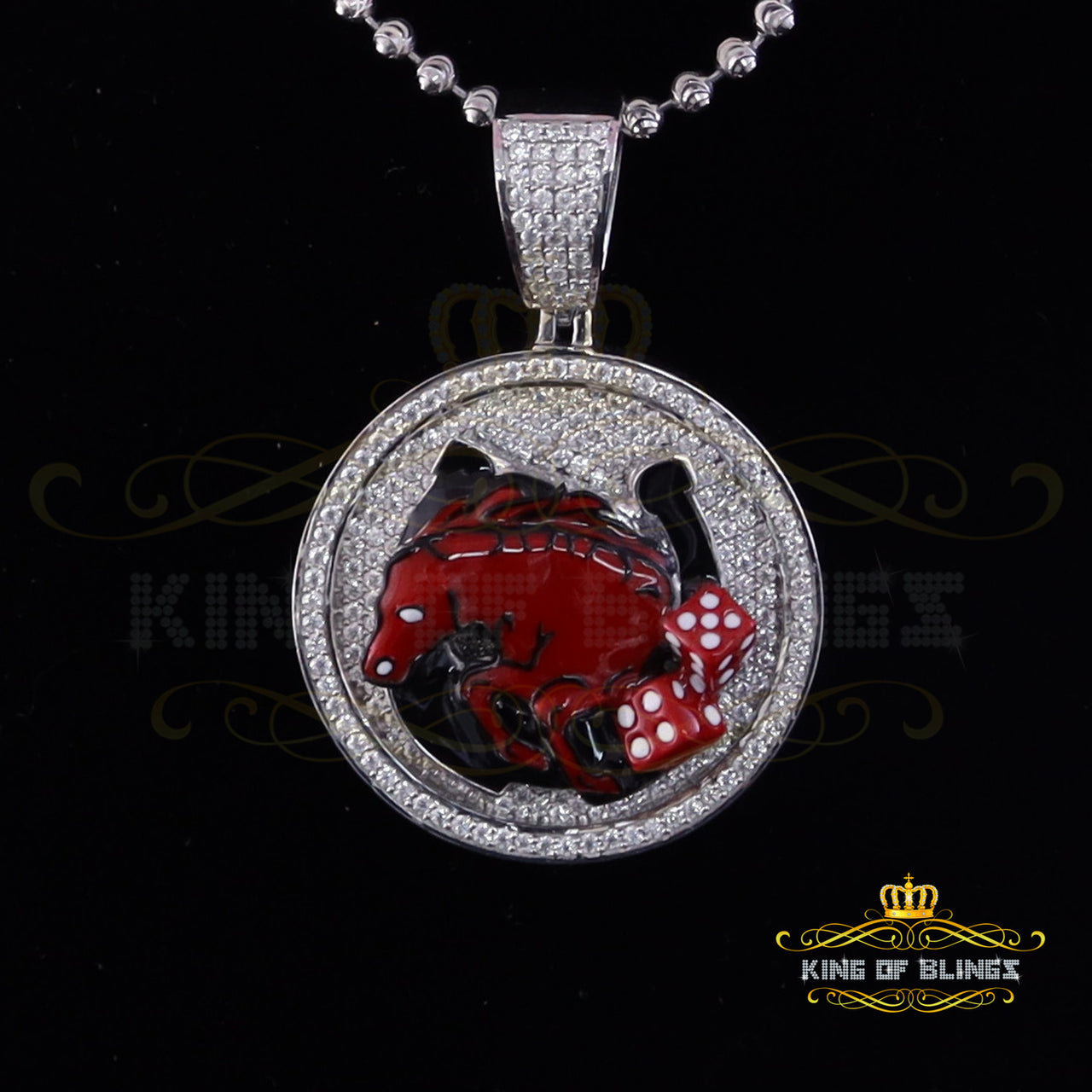 King Of Bling's 925 Silver White "HORSE SHOE" Enamel Pendant with 5.00ct Genuine Moissanite KING OF BLINGS