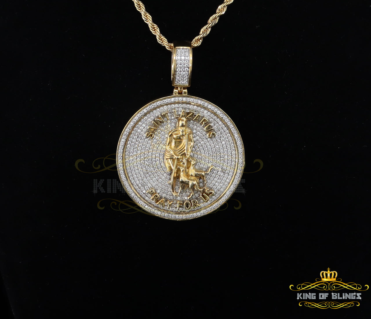 King Of Bling's 925 Silver 2.00ct VVS D clr Moissanite SAINT LAZARUS Yellow 1.00 inch Pendant