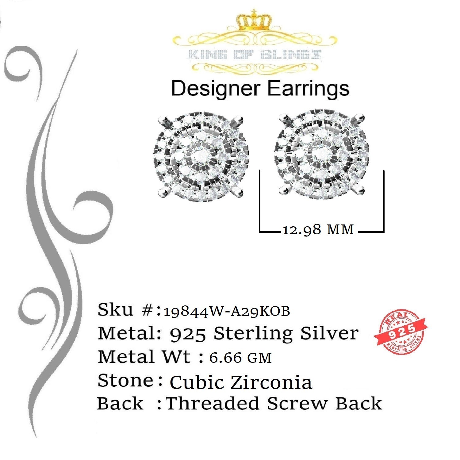 King of Blings- Aretes Para Hombre 925 White Silver 2.82ct Cubic Zirconia Round Women's Earrings KING OF BLINGS