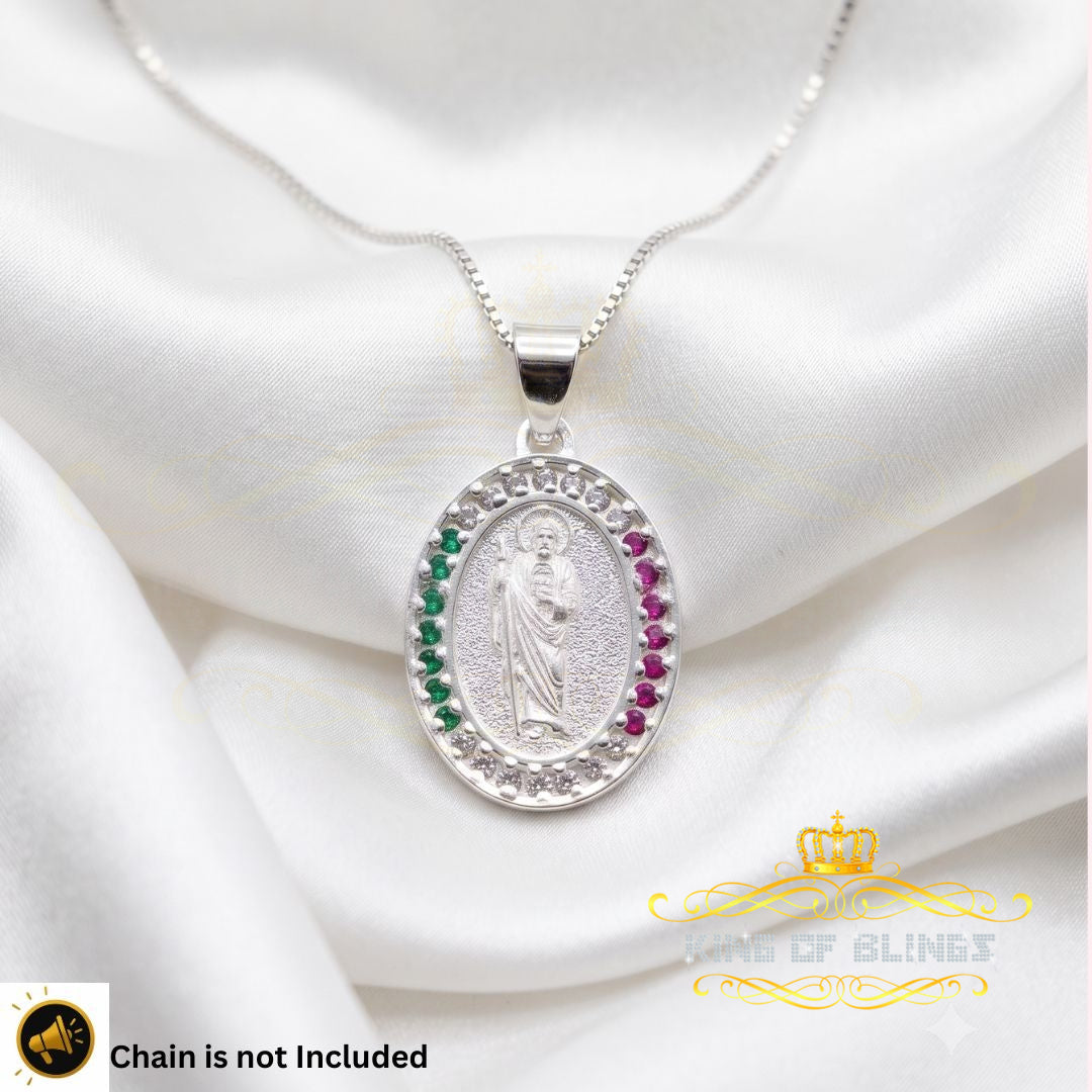 King Of Bling's 925 Sterling Silver St.Jude Multi Color CZ Men's/Women's Pendant White Religious
