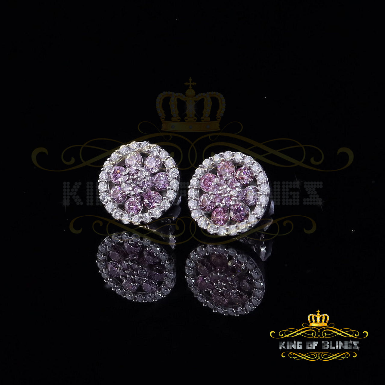 King of Bling's Women's 925 Silver White 0.66ct VVS 'D' Pink Moissanite Round Stud Earrings