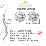 King of Blings- White 925 Sterling Silver 1.18ct Cubic Zirconia Women's Hip Hop Flower Earrings KING OF BLINGS