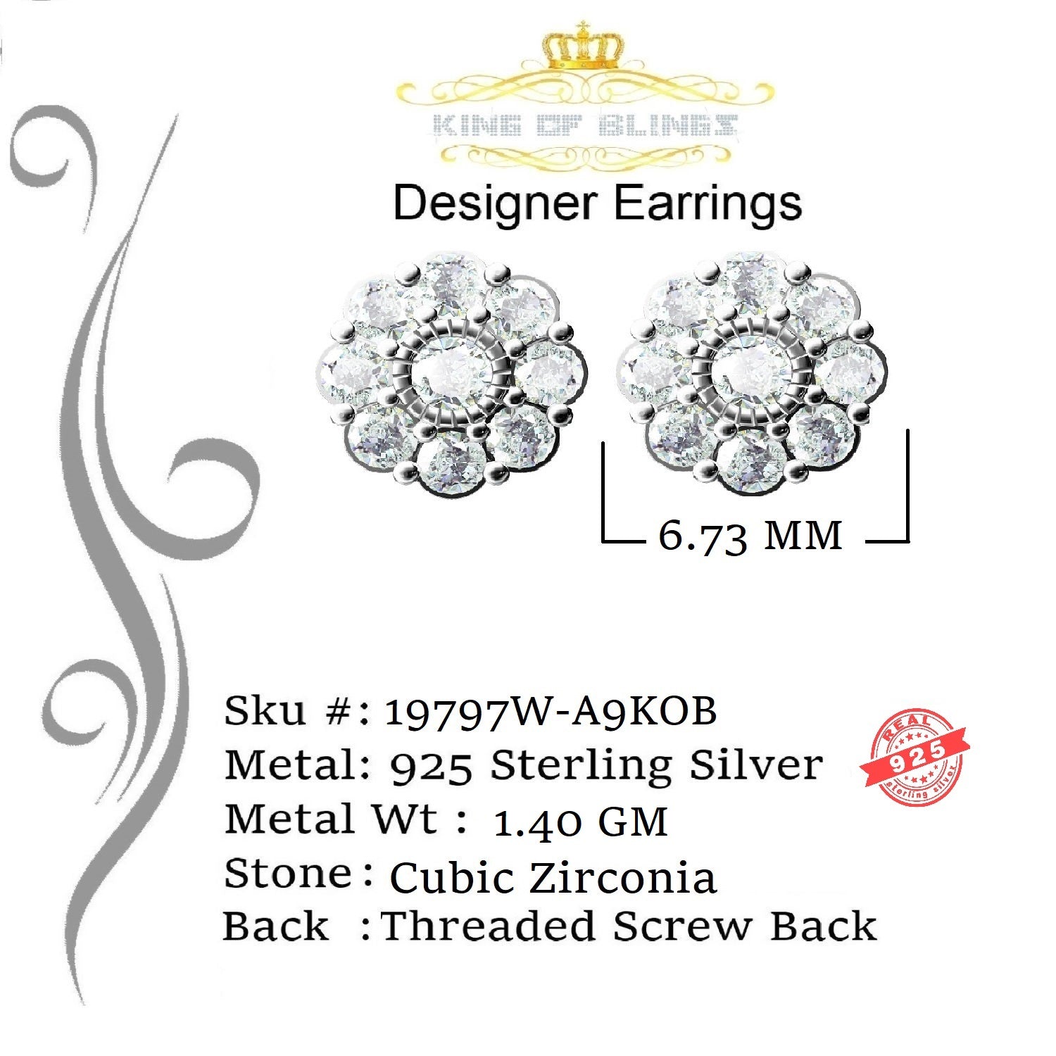 King of Blings- White 925 Sterling Silver 1.18ct Cubic Zirconia Women's Hip Hop Flower Earrings KING OF BLINGS