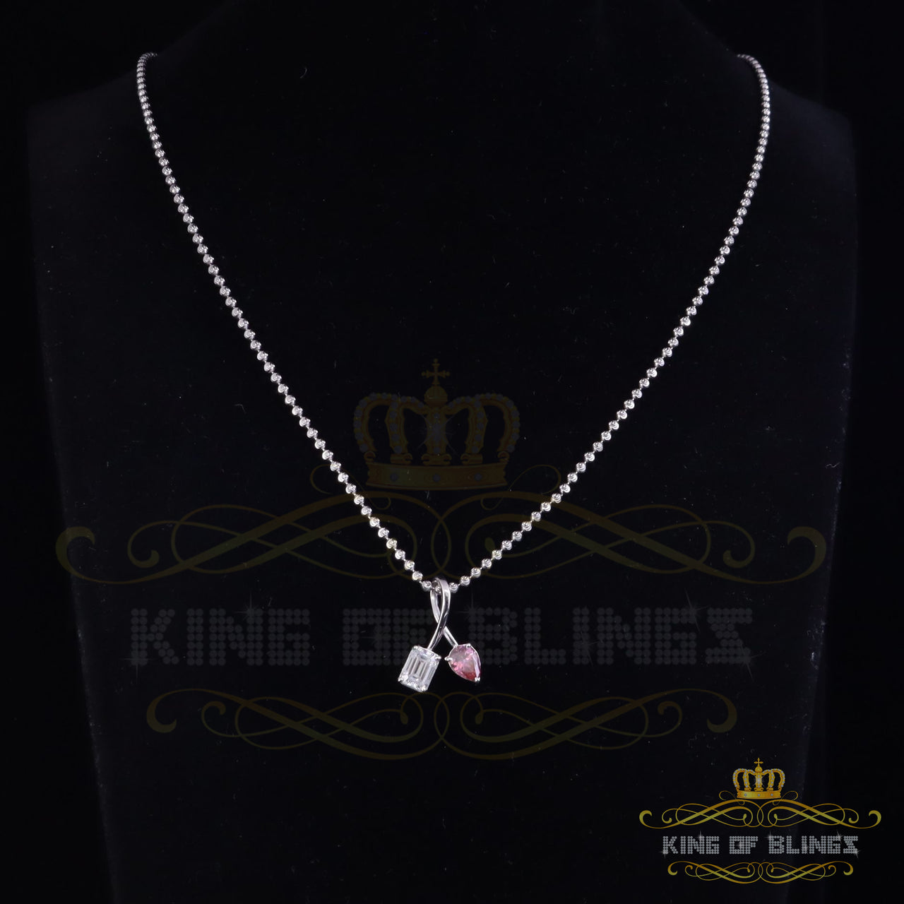 King Of Bling's Women's White 925 Silver White 2.00ct VVS 'D' Pink Moissanite Toi et Moi Pendant