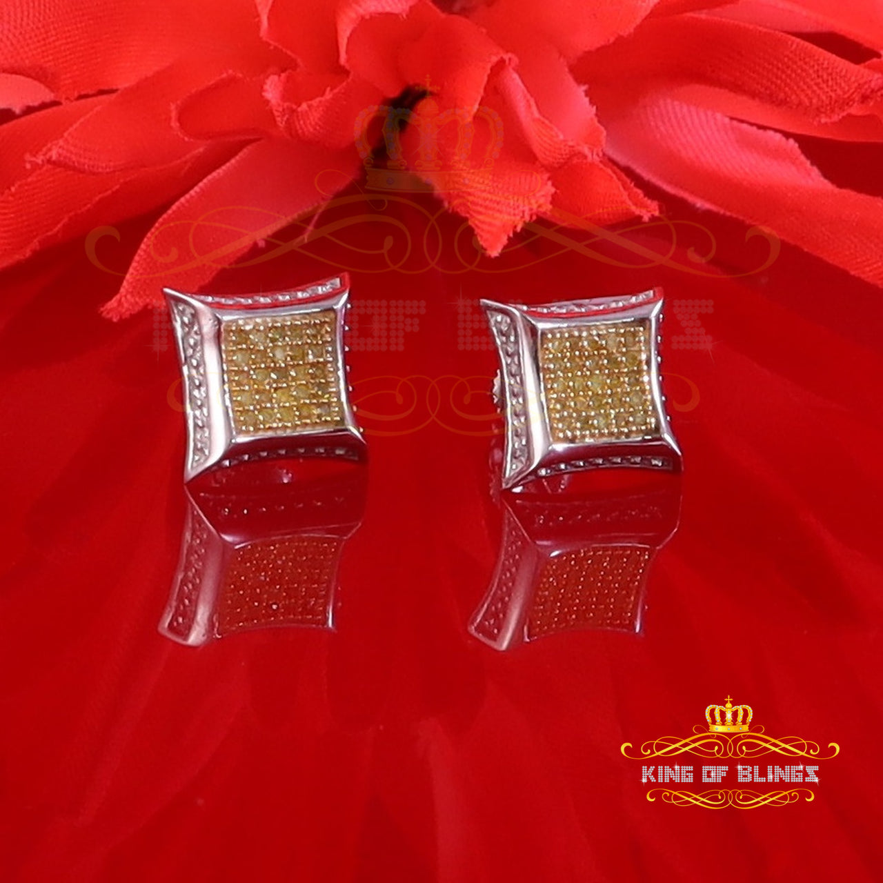 King Of Bling's Kite Shape 0.15ct Genuine Yellow Diamond 3D Earring 925 Sterling White Silver