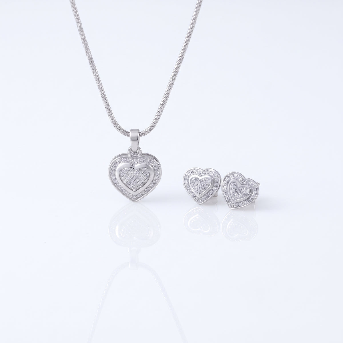 925White Silver 0.35CT Diamond Double Concentric Heart Pendant & Earrings Set King of Blings