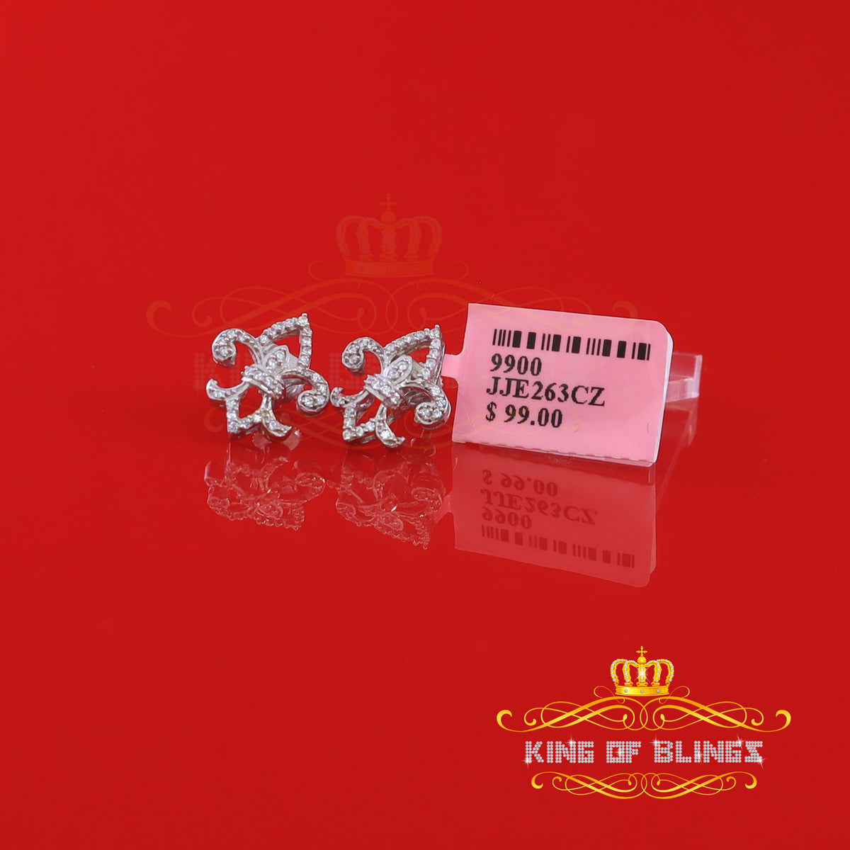 King of Bling's 0.60ct Cubic Zirconia 925 White Silver Women's Fleur de Lis Screw Back Earrings KING OF BLINGS
