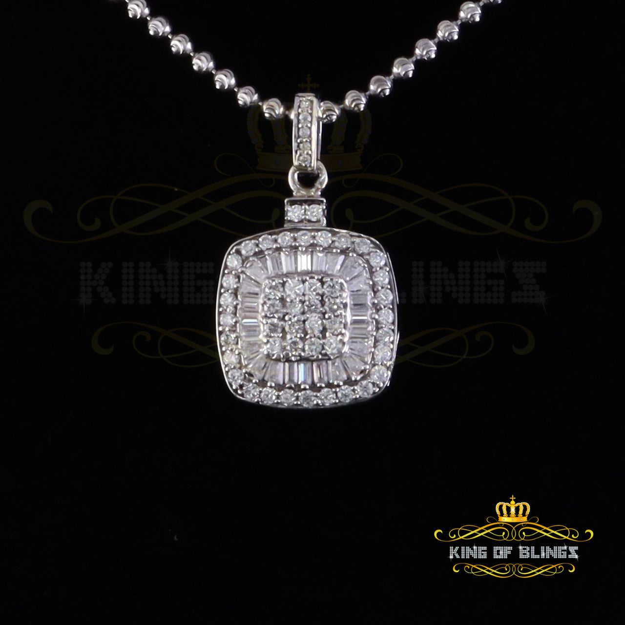 King Of Bling's 925 Sterling White Silver 1.50ct Moissanite Baguette & Round Pendant for Women. KING OF BLINGS