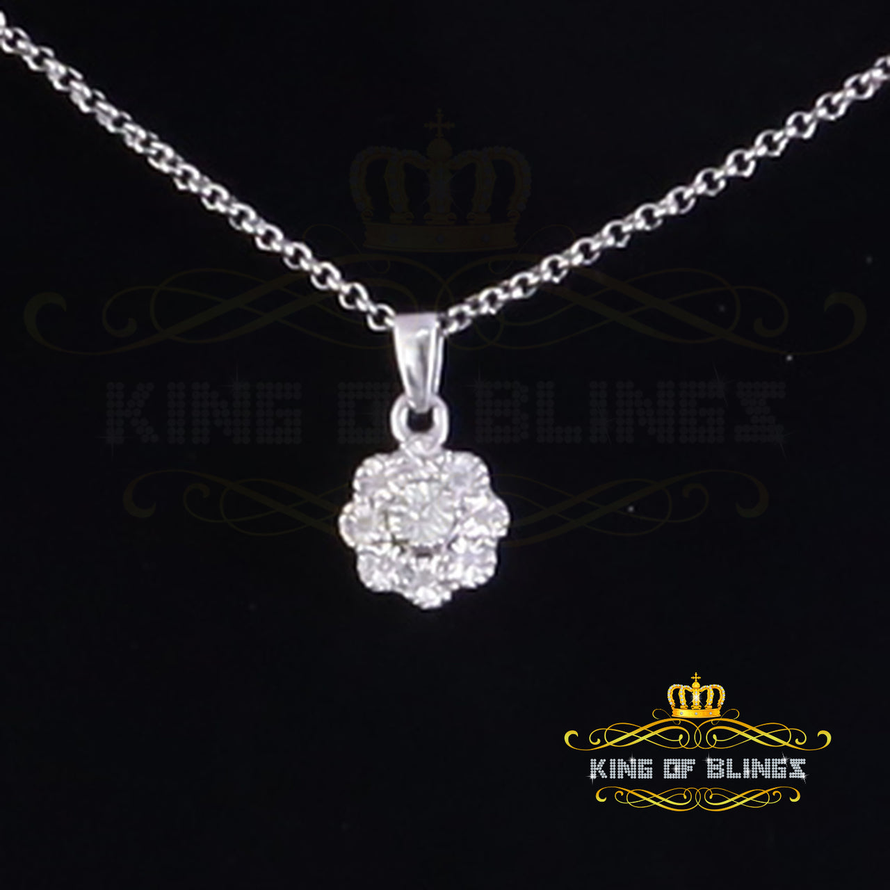 King Of Bling's 925 Sterling Silver 0.10ct Real Diamond For Women Cluster White Necklace Pendant