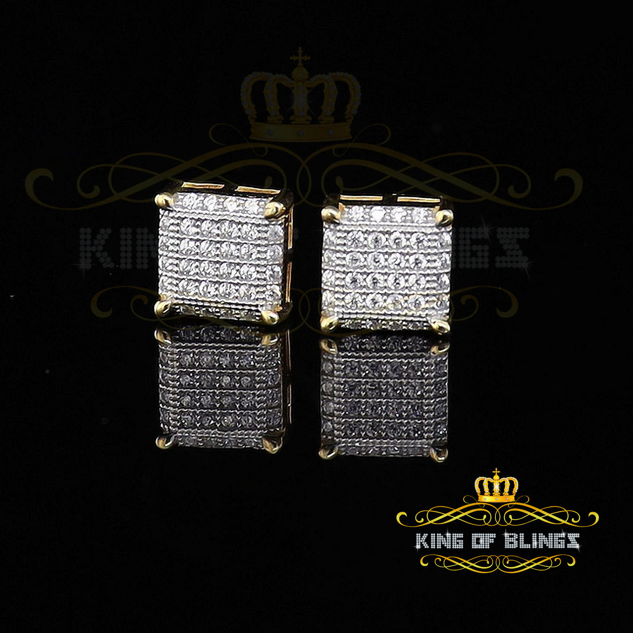 King of Bling's Aretes Para Hombre 925 Yellow Silver 0.51ct Cubic Zirconia Square Women Earrings